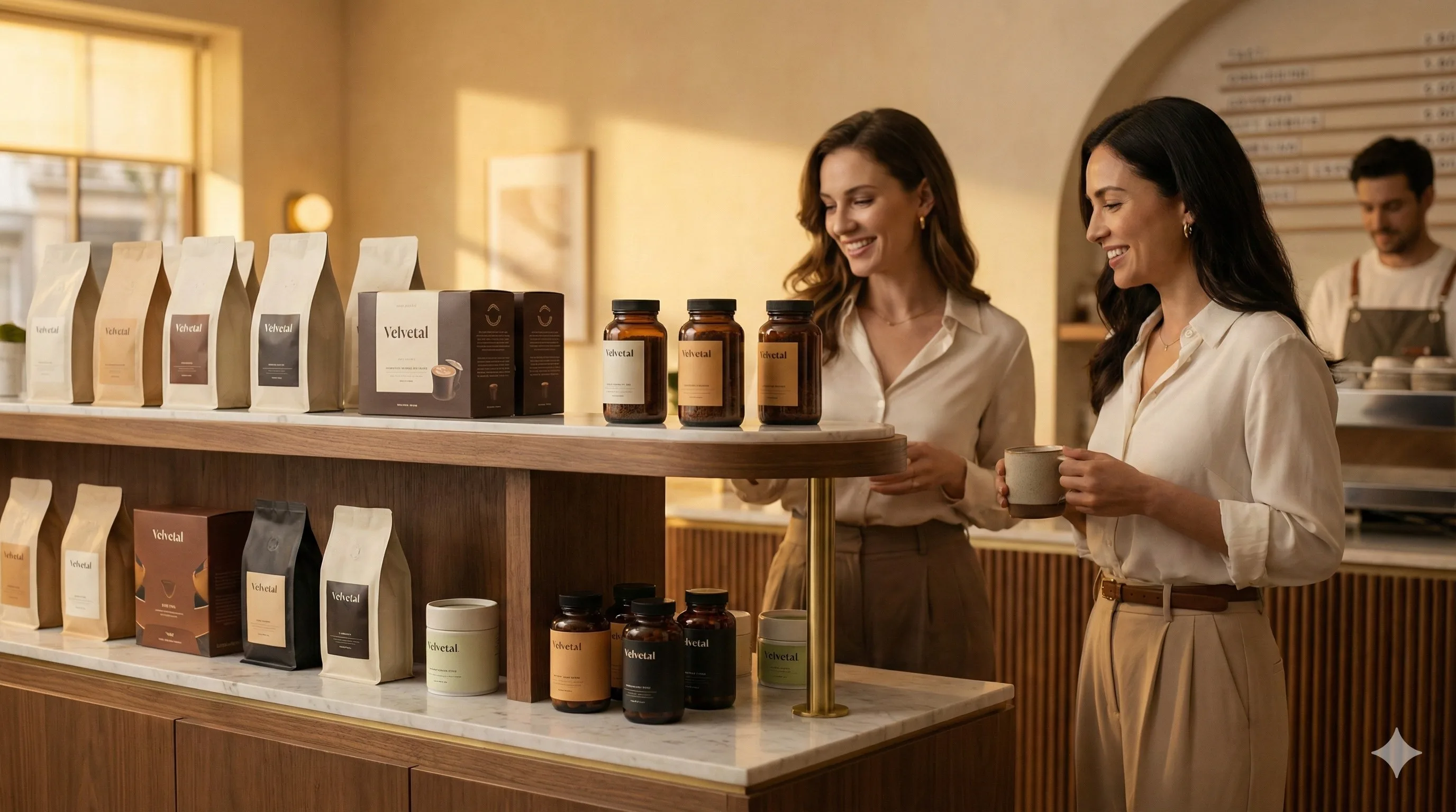 Velvetal catalog — coffee, matcha, and wellness favorites in a luxury coffee shop showroom